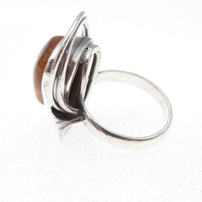 925 Sterling Silver Vintage Real Amber Modernist Calla Lily Ring Size 6.75