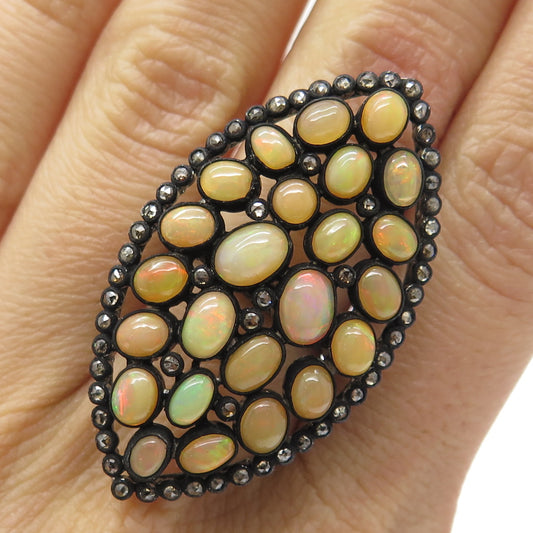 925 Sterling Silver Black Rhodium Real Diamond & Opal Cluster Ring Size 6.75