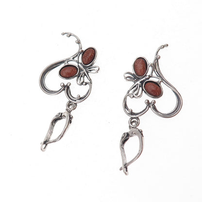 925 Sterling Vintage Poland Real Goldstone Butterfly & Heart Dangle Earrings