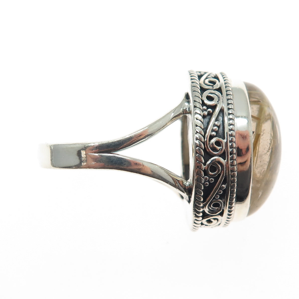 925 Sterling Silver Vintage Real Cabochon Rutilated Quartz Swirl Ring Size 9.75
