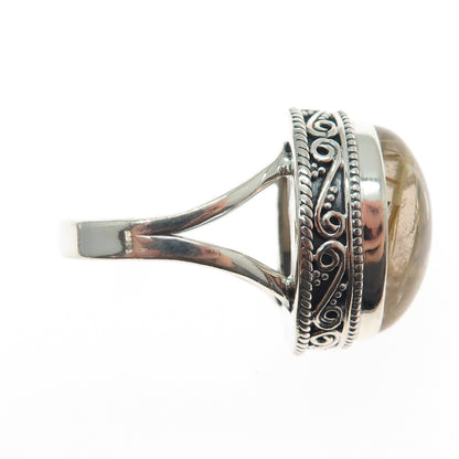 925 Sterling Silver Vintage Real Cabochon Rutilated Quartz Swirl Ring Size 9.75