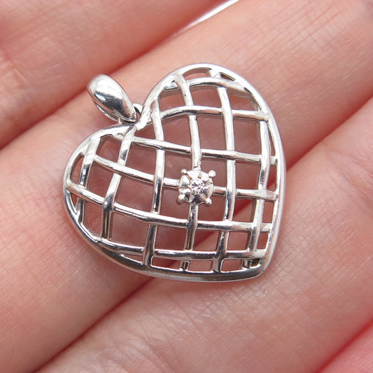 925 Sterling Silver Round-Cut C Z Woven Heart Minimalist Charm Pendant