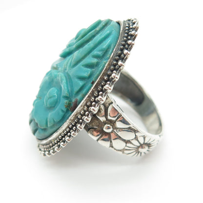 AMY KAHN RUSSELL 925 Sterling Silver Vintage Carved Turquoise Ring Size 8.75