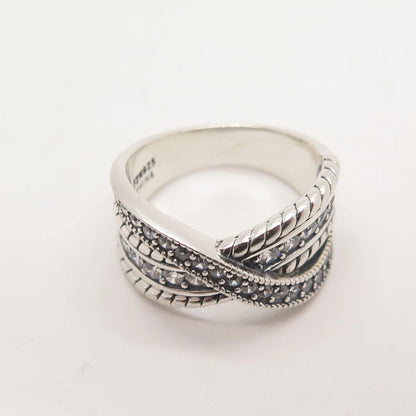 925 Sterling Silver Pave C Z Crossover Ring Size 6.75