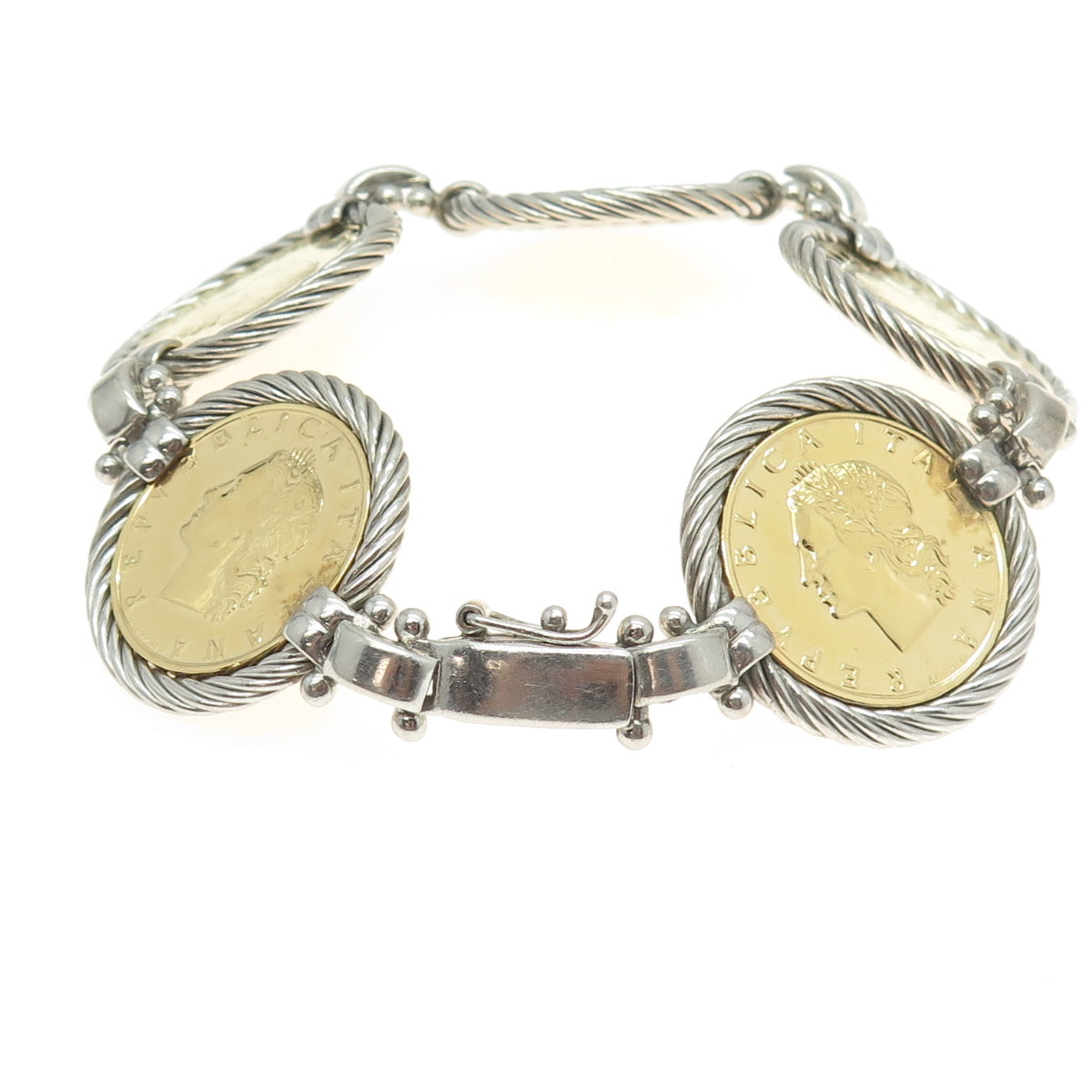 925 Sterling Silver 2-Tone Vintage 1981 Italy 20 Lire Bronzital Coin Bracelet 7"