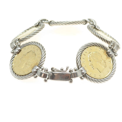 925 Sterling Silver 2-Tone Vintage 1981 Italy 20 Lire Bronzital Coin Bracelet 7"