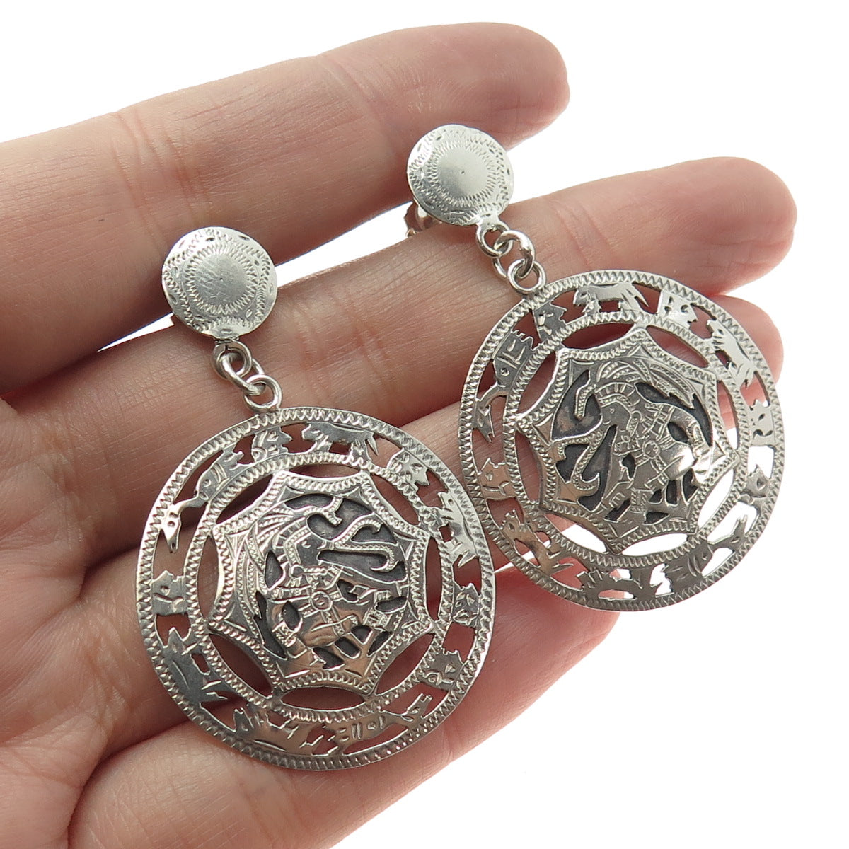 900 Silver Vintage Guatemala Tribal Warrior Oxidized Dangle Earrings