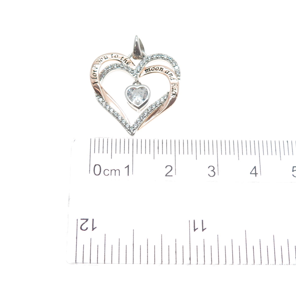 925 Sterling Silver 2-Tone C Z I Love You To The Moon & Back Heart Charm Pendant