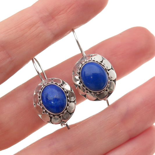 925 Sterling Silver Vintage Real Lapis Dotted Oxidized Earrings