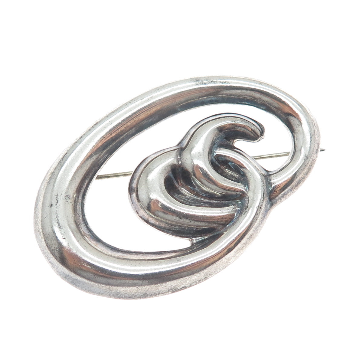 925 Sterling Silver Vintage Mexico Modernist Oval Swirl Oxidized Pin Brooch