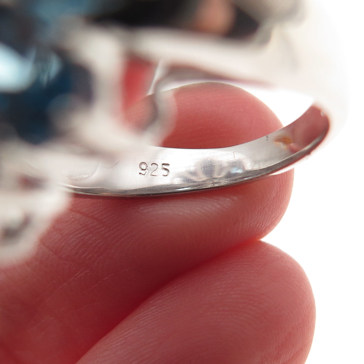 925 Sterling Silver Real Diamond & Blue Topaz Floral Ring Size 7.25