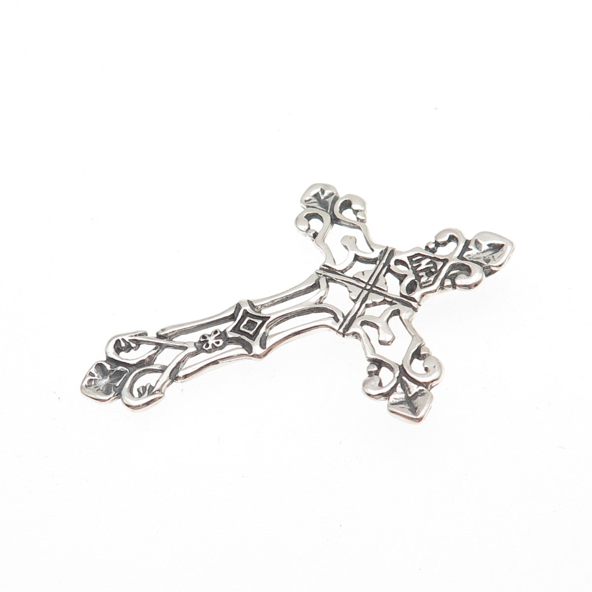 925 Sterling Silver Vintage Fleur de Lis Cross Oxidized Slide Pendant