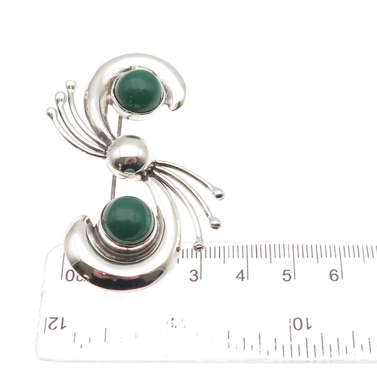 925 Sterling Silver Vintage Mexico Real Green Onyx Modernist Pin Brooch