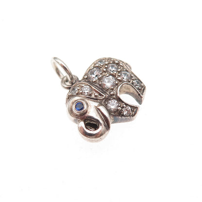 925 Sterling Silver Vintage Real Sapphire & C Z Elephant Oxidized Charm Pendant
