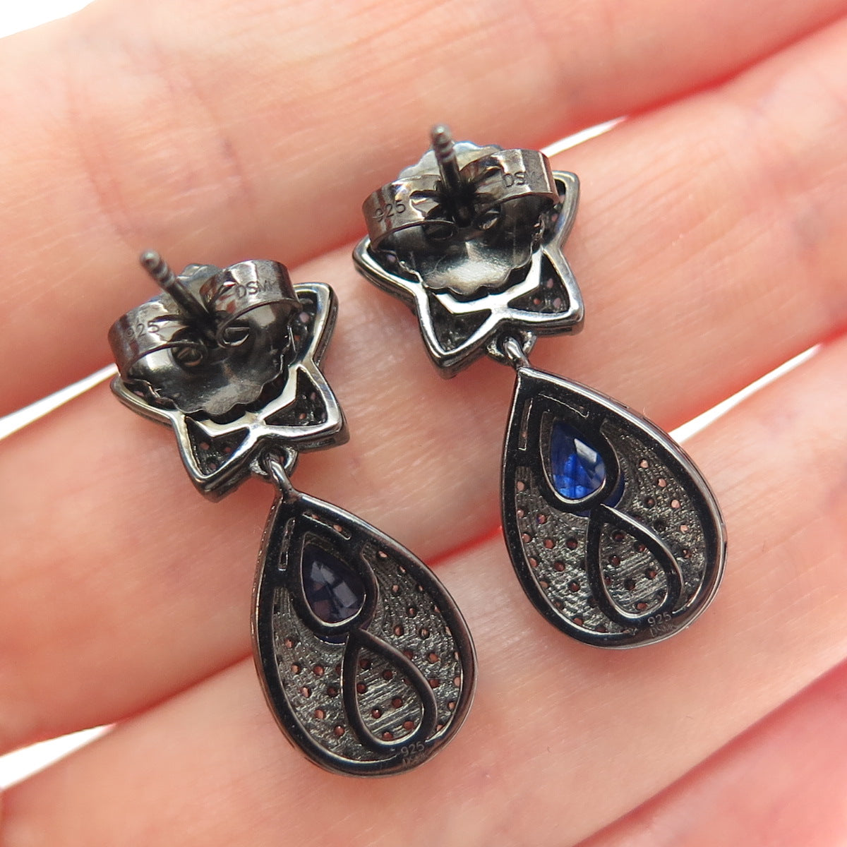 DSMK 925 Sterling Silver Black Rhodium Real Sapphire & Topaz Dangle Earrings