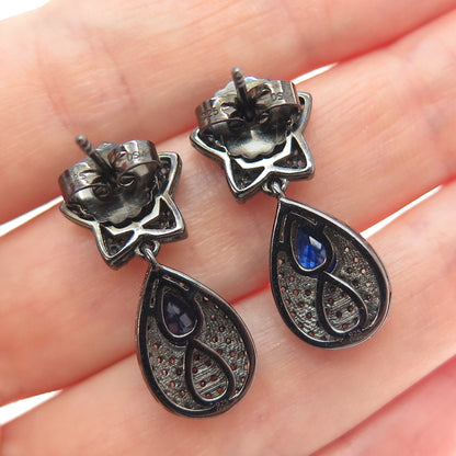 DSMK 925 Sterling Silver Black Rhodium Real Sapphire & Topaz Dangle Earrings