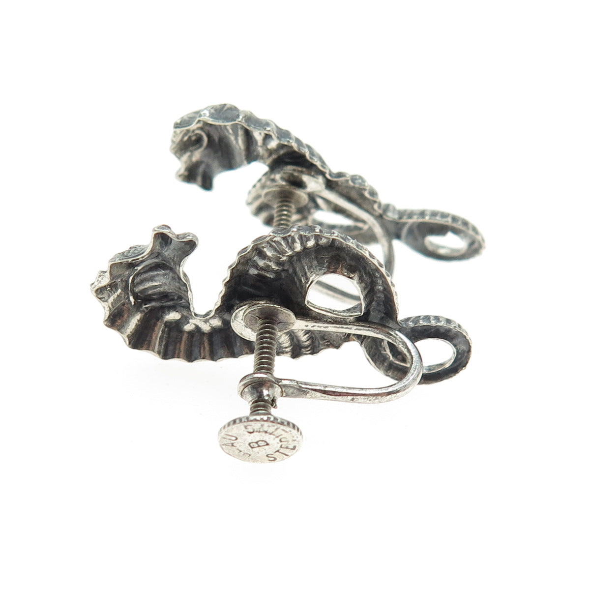 BEAU 925 Sterling Silver Antique Art Deco Seahorse Oxidized Screw Back Earrings