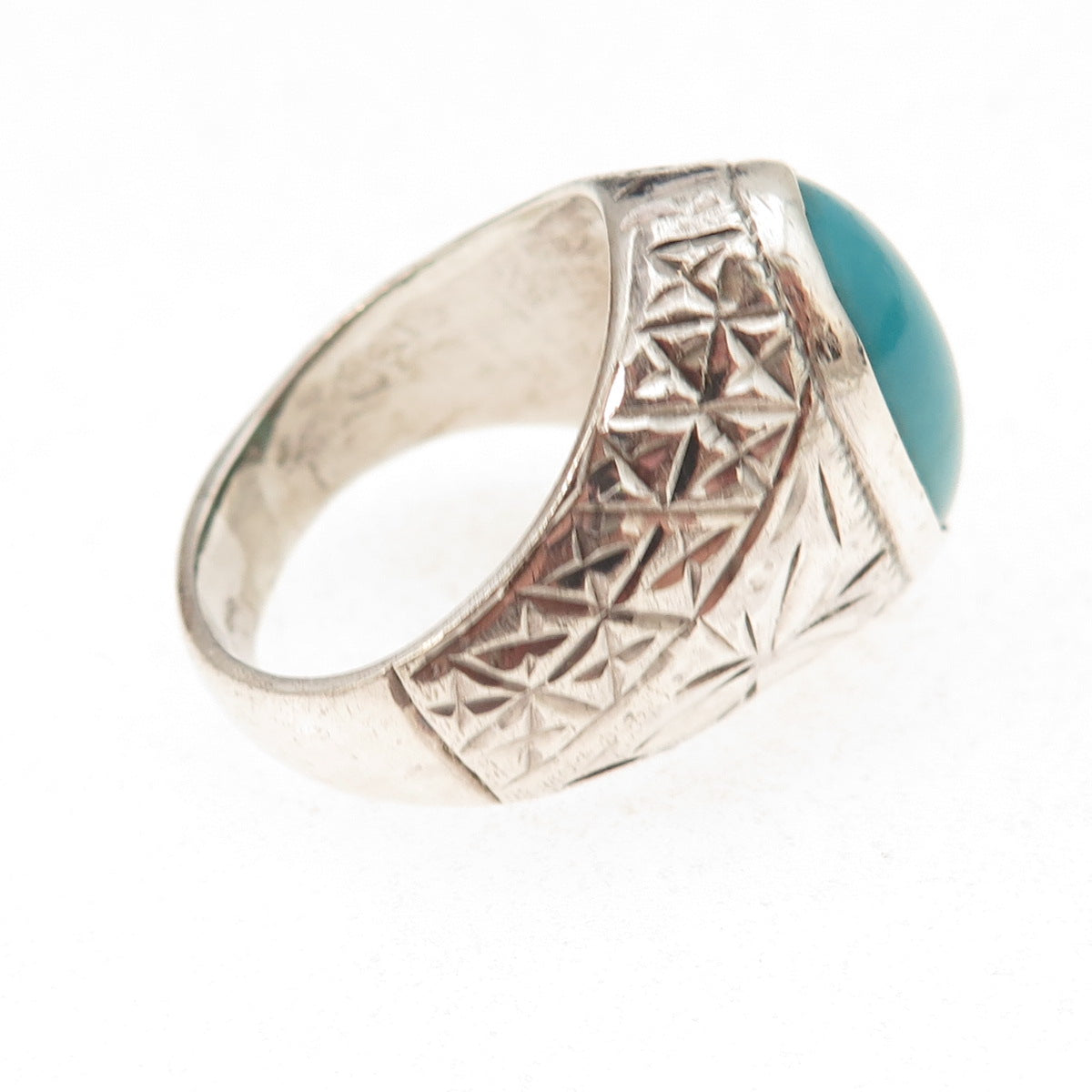 925 Sterling Silver Vintage Real Turquoise Diamond-Cut Oxidized Ring Size 9.75