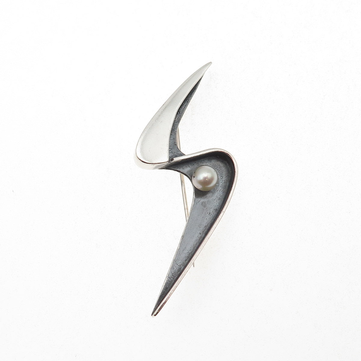 Phyllis Sklar Sterling Silver Vintage Real Pearl Modernist Oxidized Pin Brooch