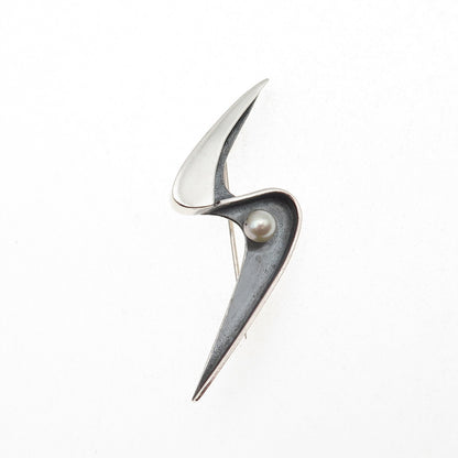 Phyllis Sklar Sterling Silver Vintage Real Pearl Modernist Oxidized Pin Brooch