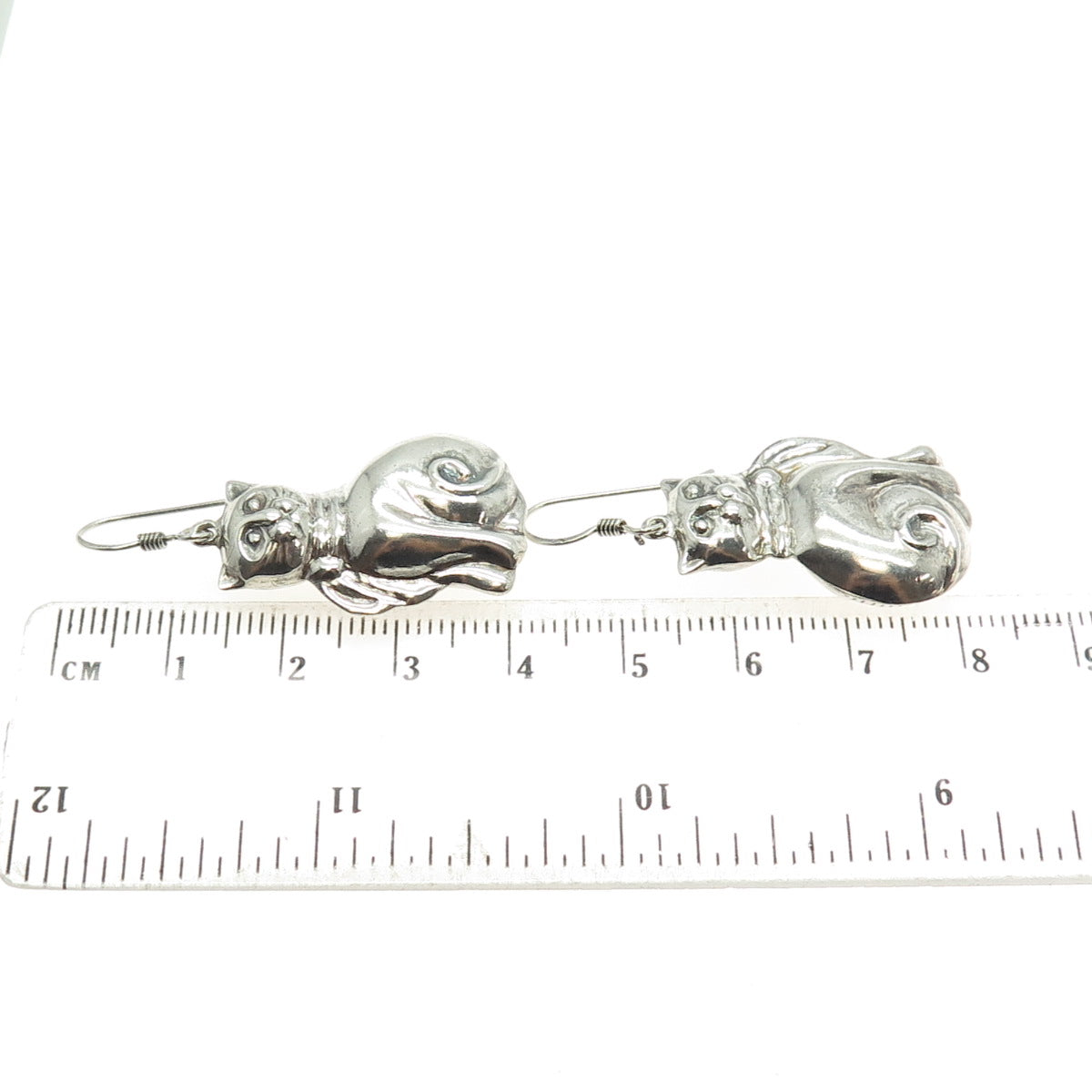 925 Sterling Silver Vintage Cat Puffy Drop 3D Earrings