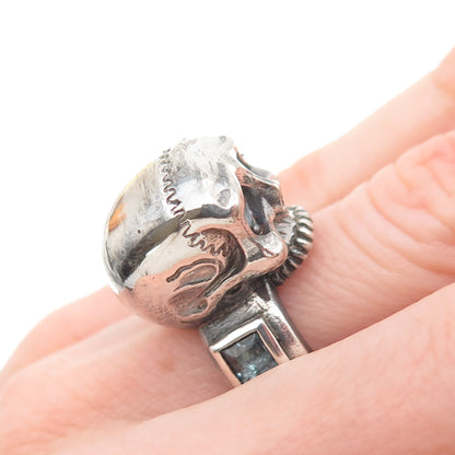 925 Sterling Silver Vintage Real Blue Topaz Skull Oxidized Ring Size 6