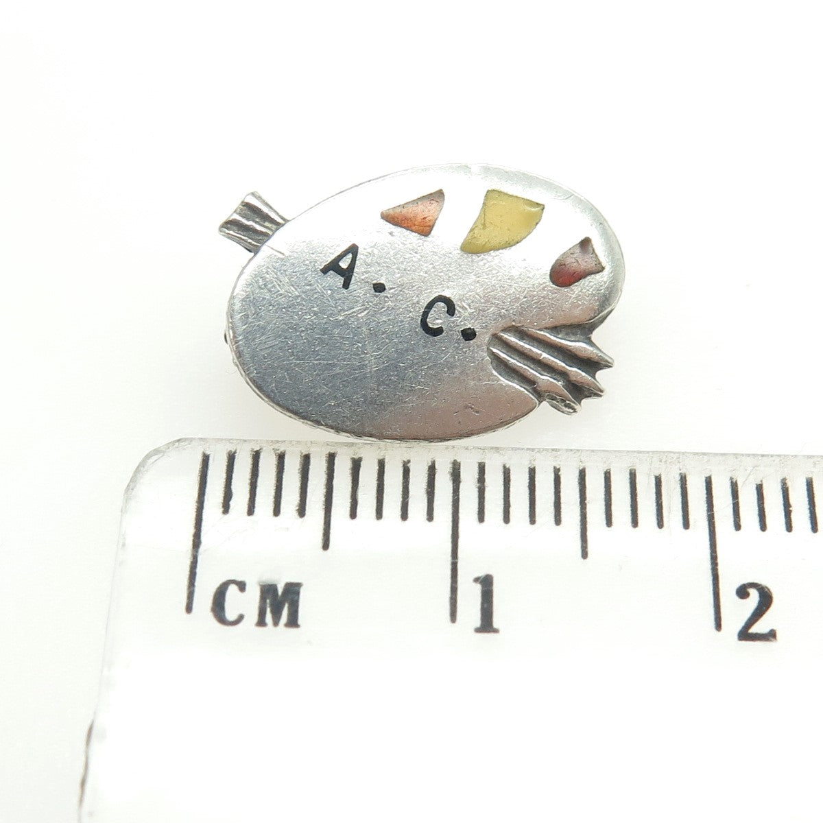 METAL ARTS CO. 925 Sterling Silver Vintage Enamel "AC" Artist's Palette Brooch
