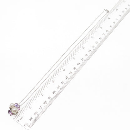 925 Sterling Silver Real Pearl Amethyst Pink & White Topaz Chain Necklace 18"