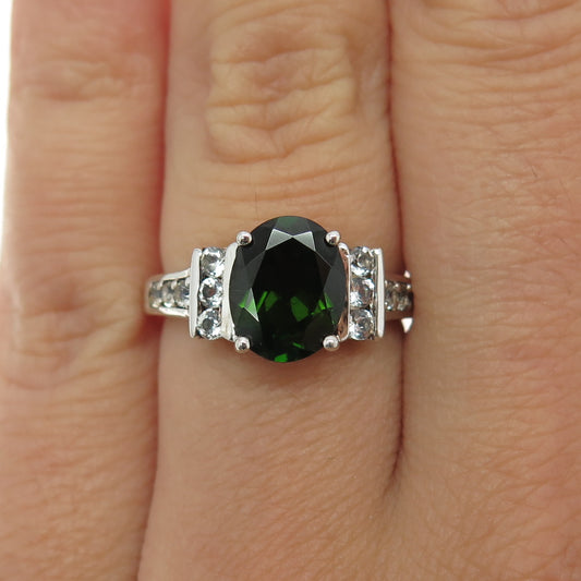 925 Sterling Silver Real White Topaz & Peridot Gemstone Ring Size 6.25