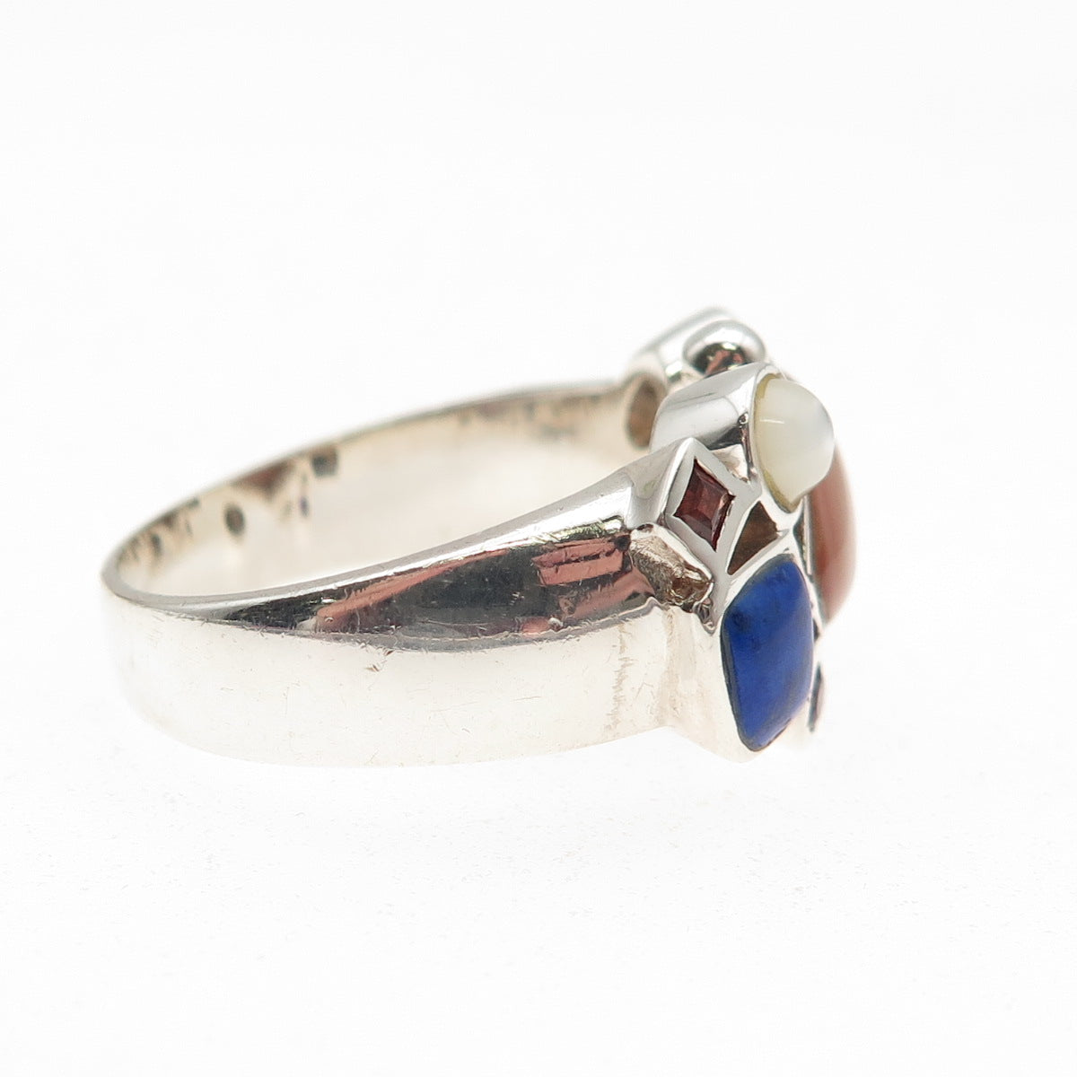 925 Sterling Silver Vintage Real MOP Amethyst Topaz Lapis Garnet Ring Size 10.25