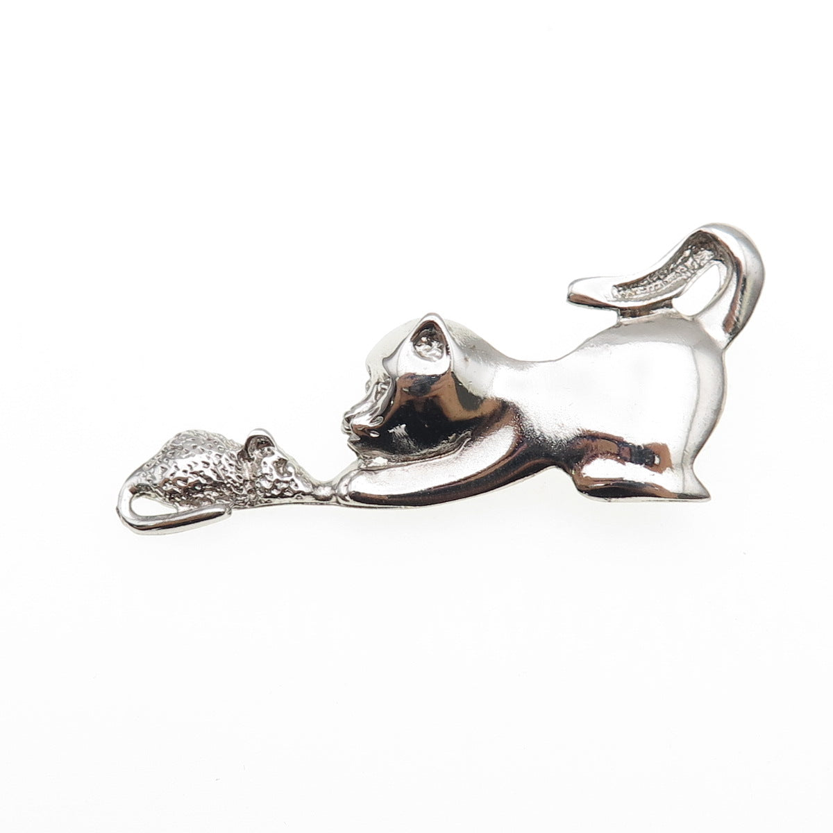 925 Sterling Silver Vintage Playing Cat & Mouse Pin Brooch
