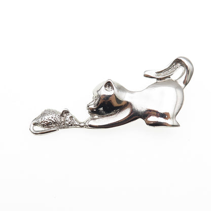 925 Sterling Silver Vintage Playing Cat & Mouse Pin Brooch
