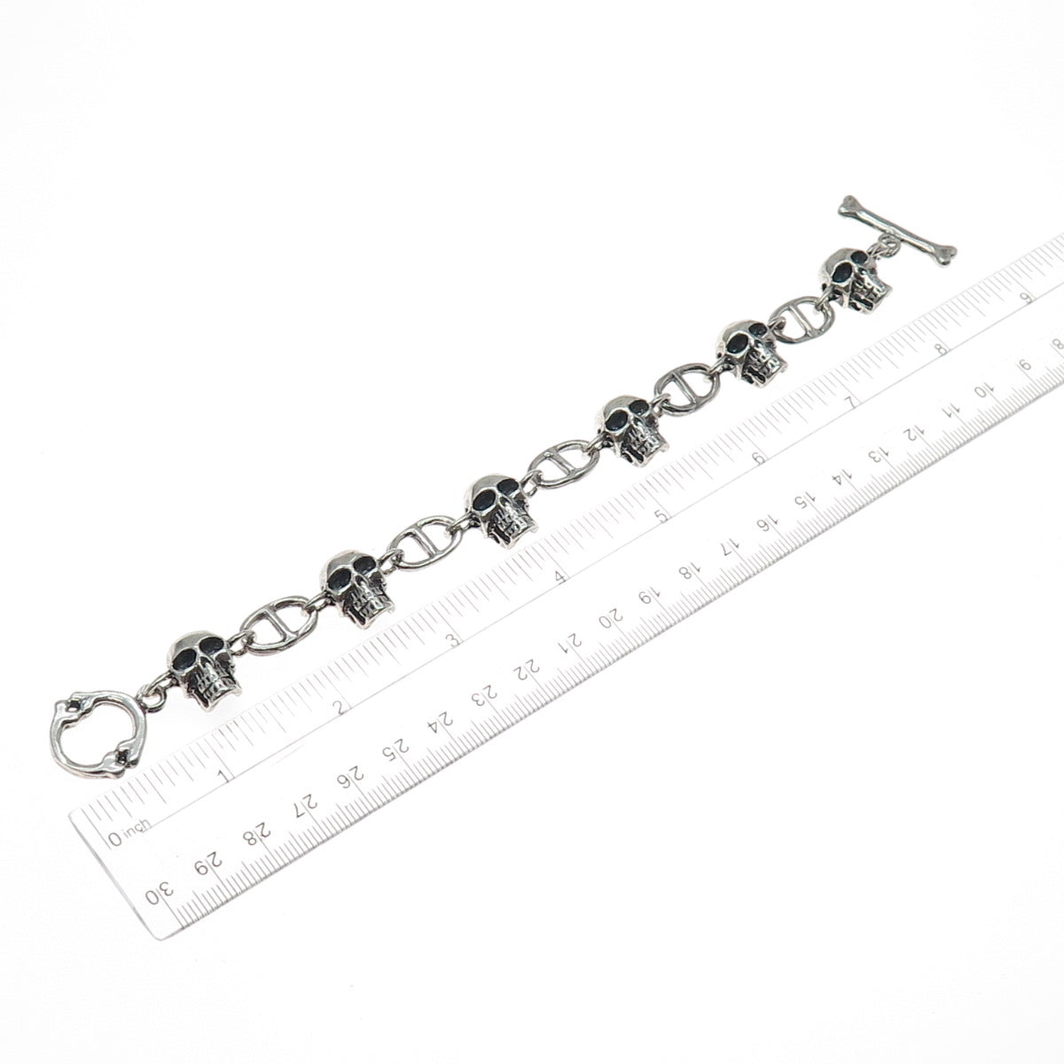 925 Sterling Silver Vintage Skull & Anchor Link Heavy 64.8g Bracelet 7.5"