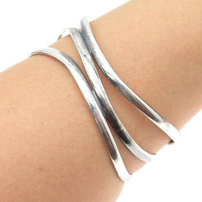 925 Sterling Silver Vintage Modernist Wavy Multi-Row Bangle Bracelet 7.75"