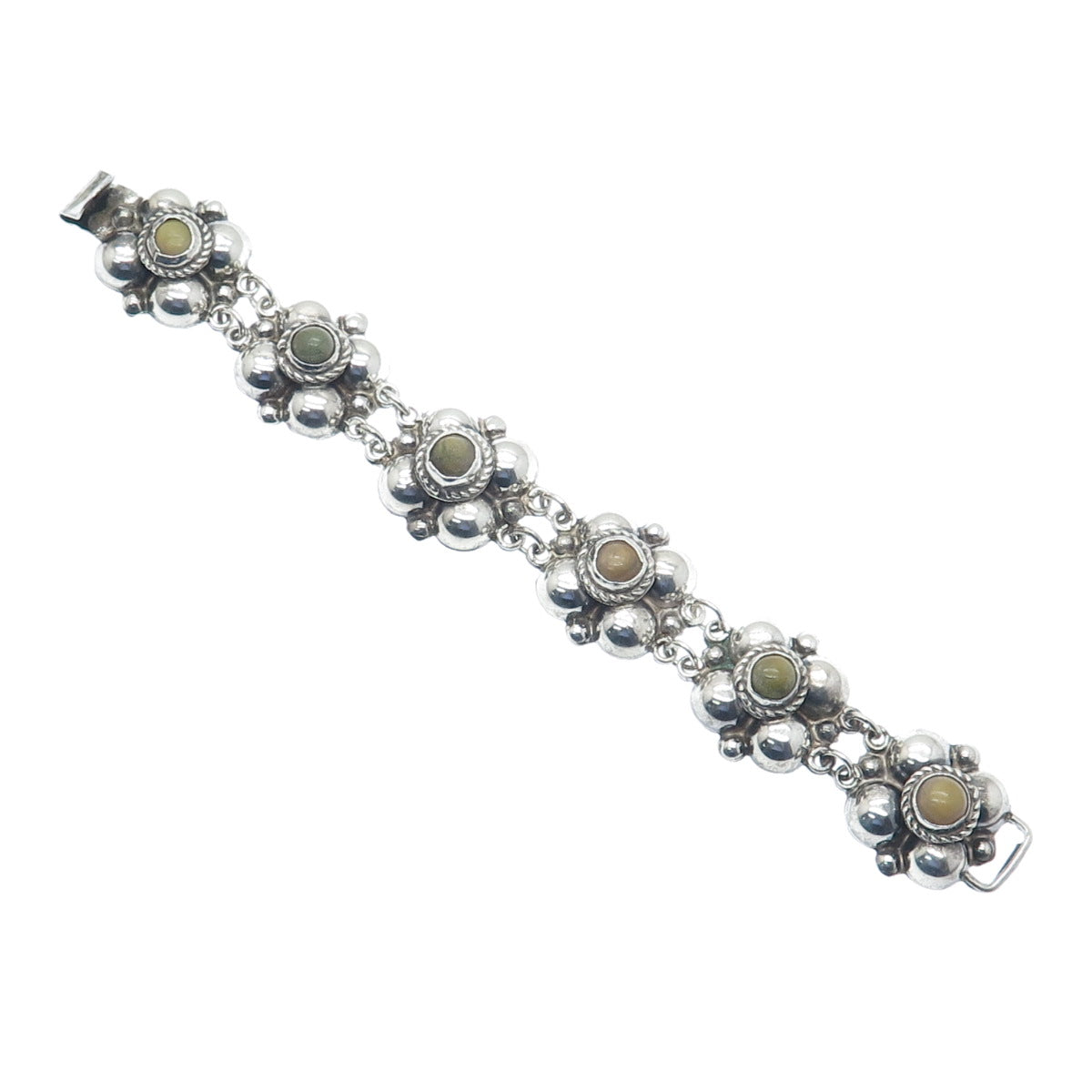 925 Sterling Silver Vintage Mexico Real Jasper Oxidized Flower Bracelet 6.75"