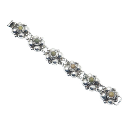 925 Sterling Silver Vintage Mexico Real Jasper Oxidized Flower Bracelet 6.75"