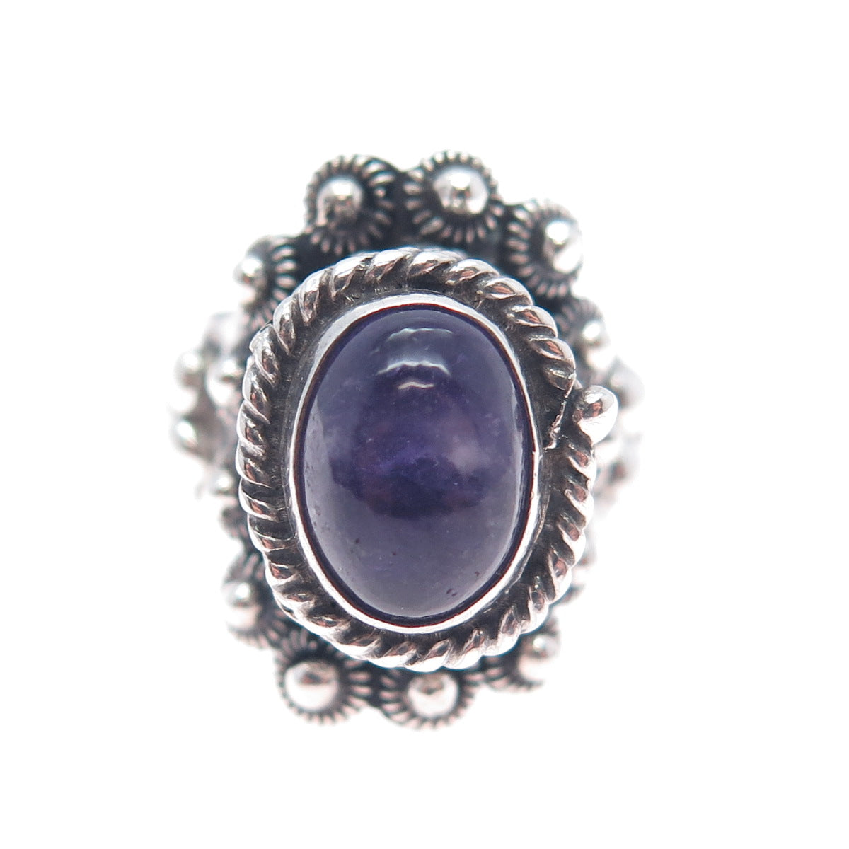 925 Sterling Silver Vintage Mexico Real Amethyst Adjustable Poison Ring Size 7