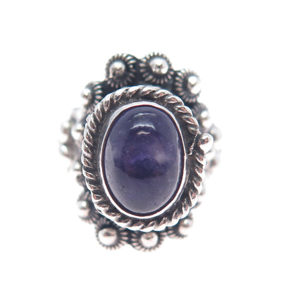 925 Sterling Silver Vintage Mexico Real Amethyst Adjustable Poison Ring Size 7