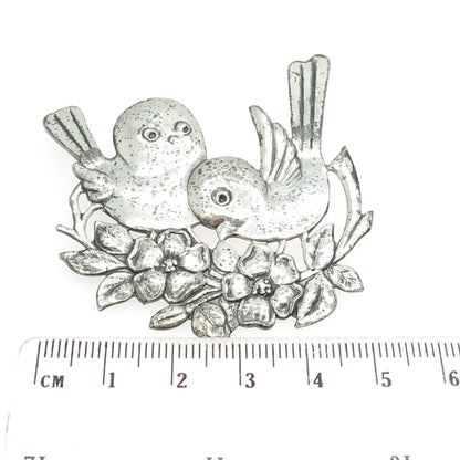 925 Sterling Silver Vintage Bird Couple Floral Blossom Pin Brooch