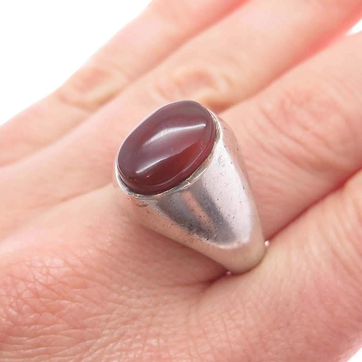 925 Sterling Silver Vintage Real Carnelian Agate Modernist Ring Size 12.25