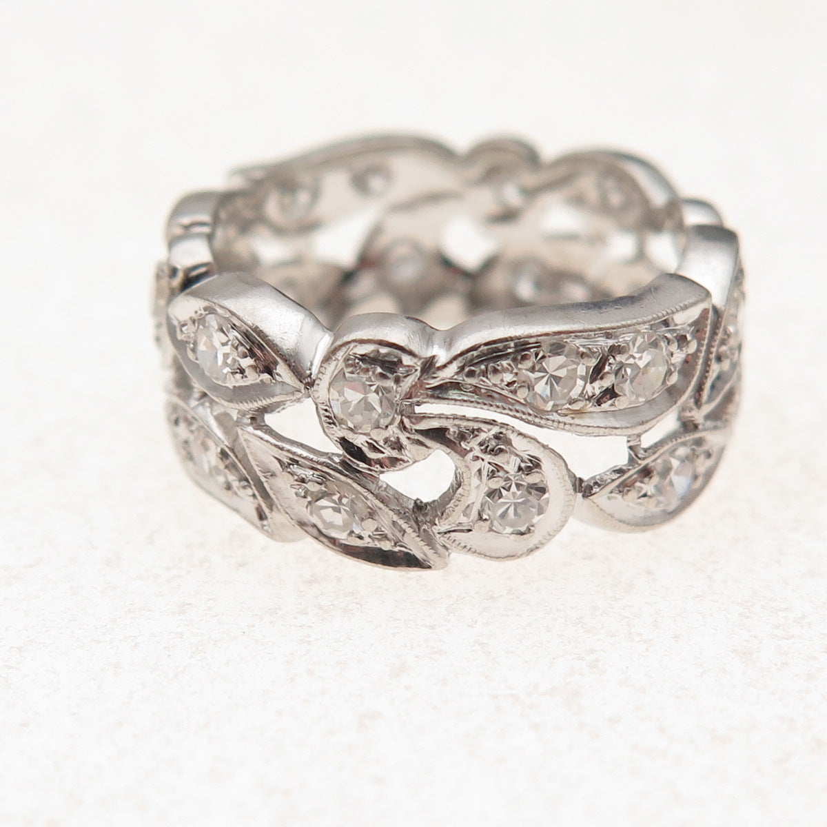 Platinum Antique Art Deco Real Round-Cut Diamond Floral Band Ring Size 5.25