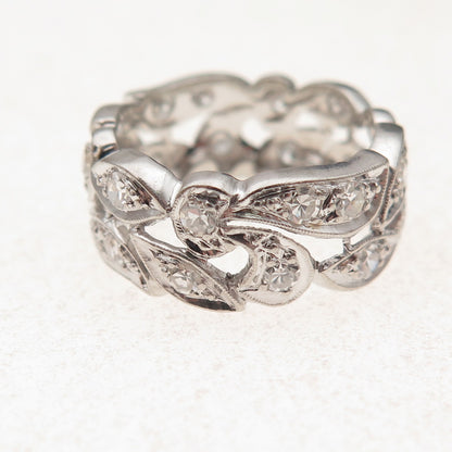 Platinum Antique Art Deco Real Round-Cut Diamond Floral Band Ring Size 5.25