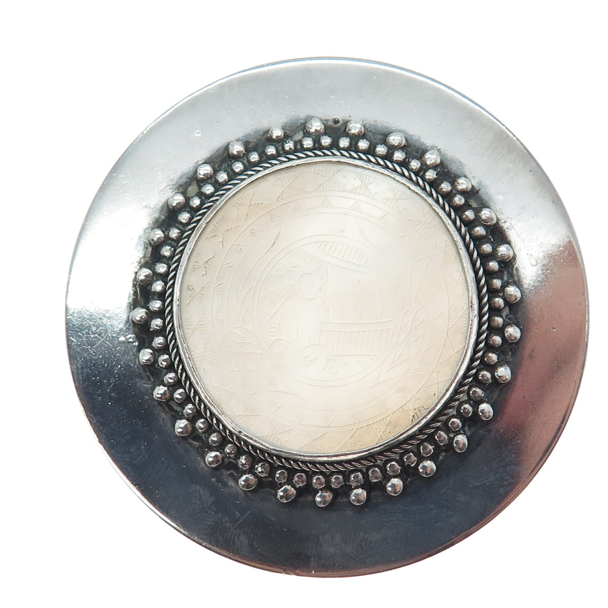 925 Sterling Silver Vintage Real Carved MOP Storyteller Oxidized Pin Brooch