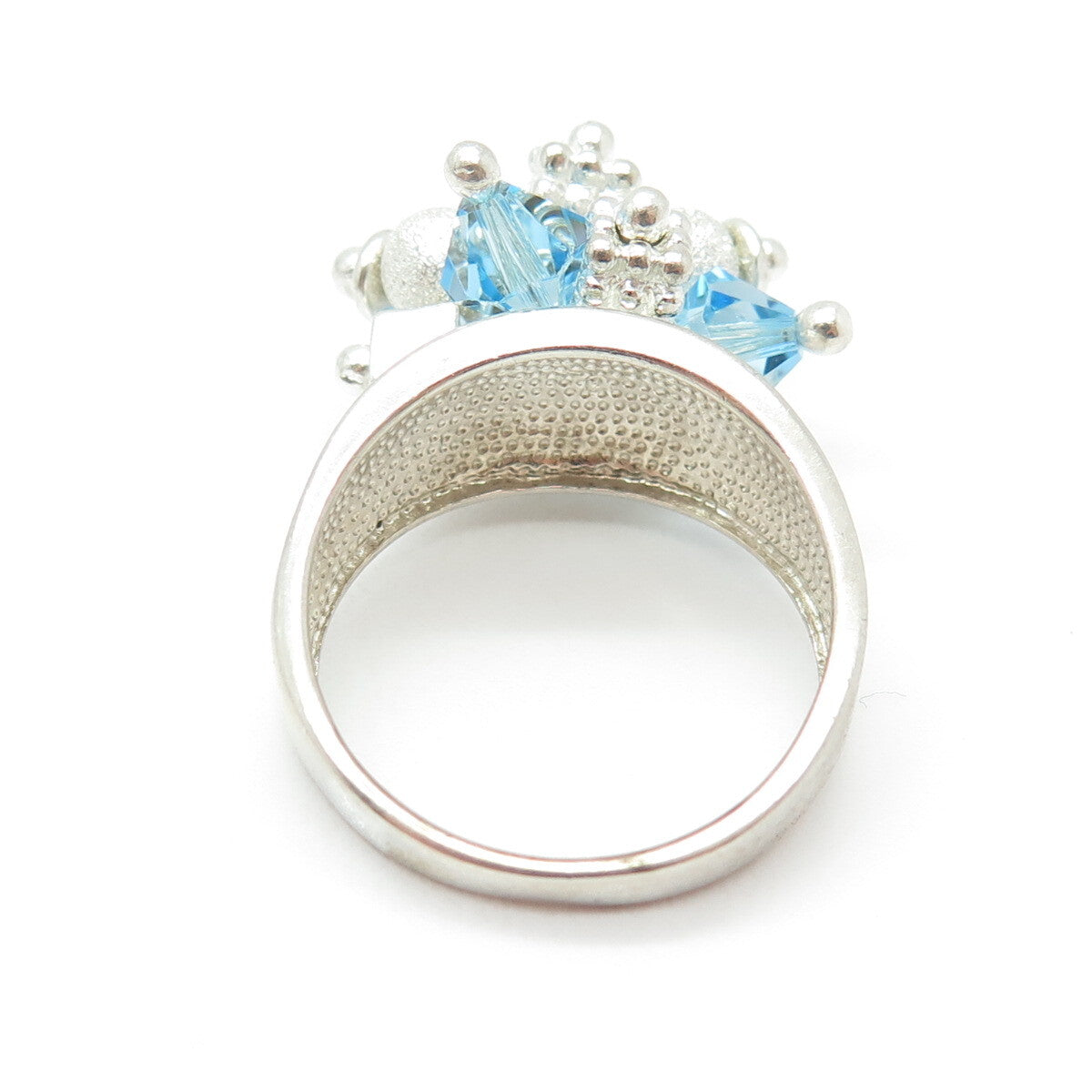 925 Sterling Silver Vintage Blue Glass Bead Charm Ring Size 9