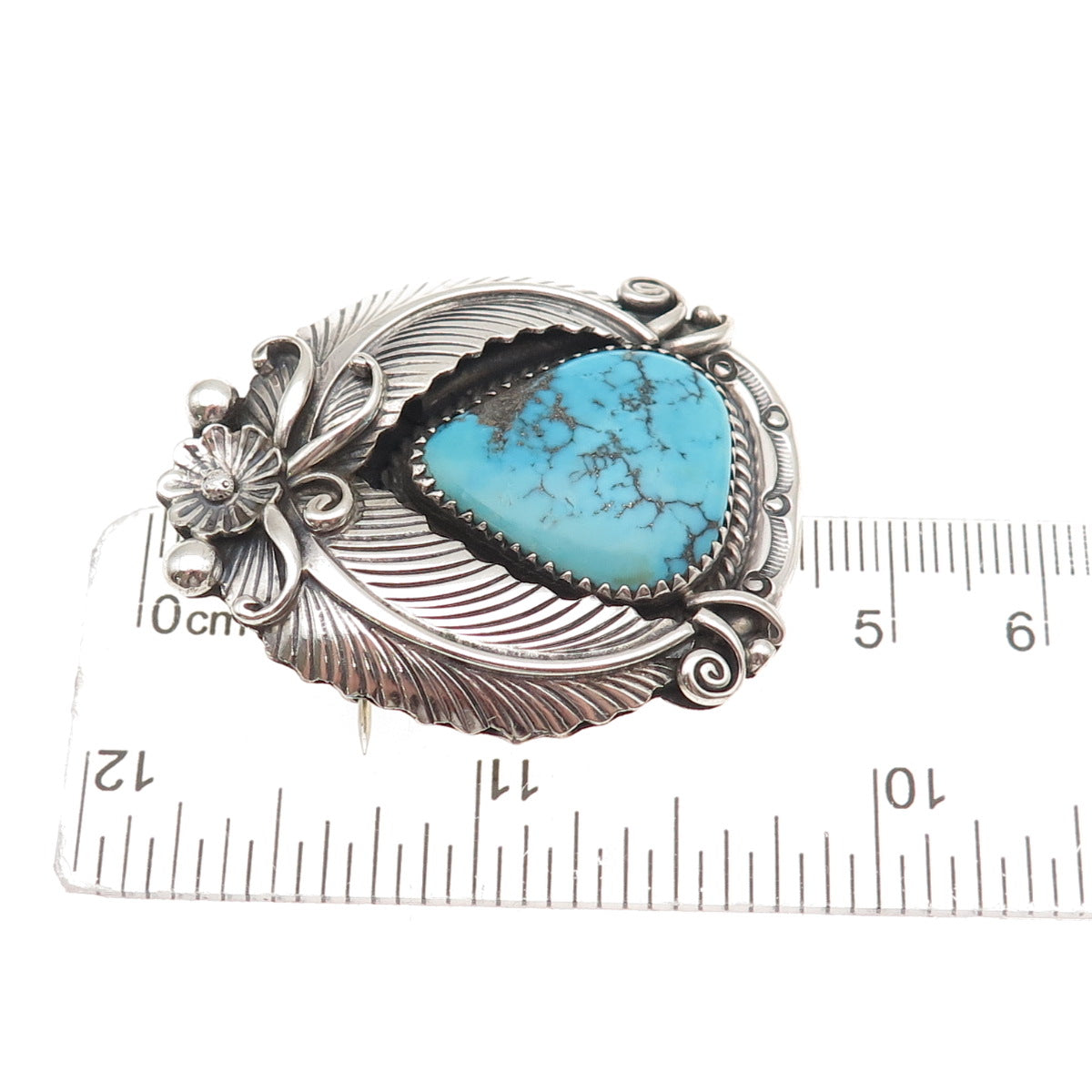 Old Pawn 925 Sterling Silver Vintage Morenci Turquoise Floral Pin Brooch Pendant
