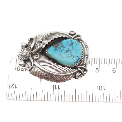 Old Pawn 925 Sterling Silver Vintage Morenci Turquoise Floral Pin Brooch Pendant