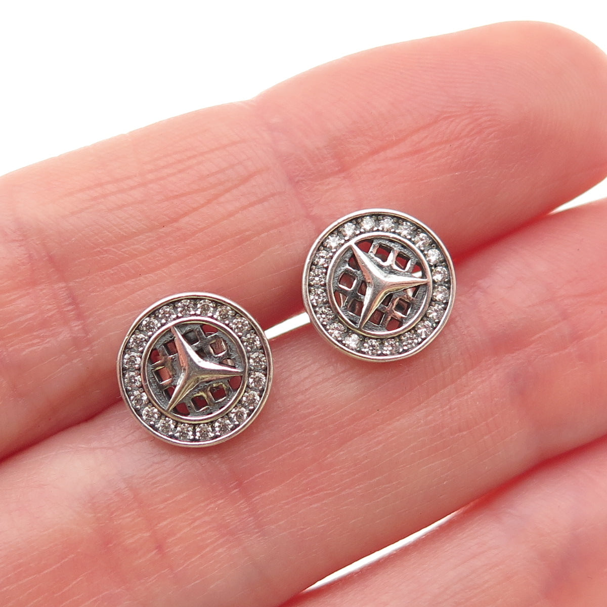 925 Sterling Silver Round-Cut C Z Mercedes Stud Earrings