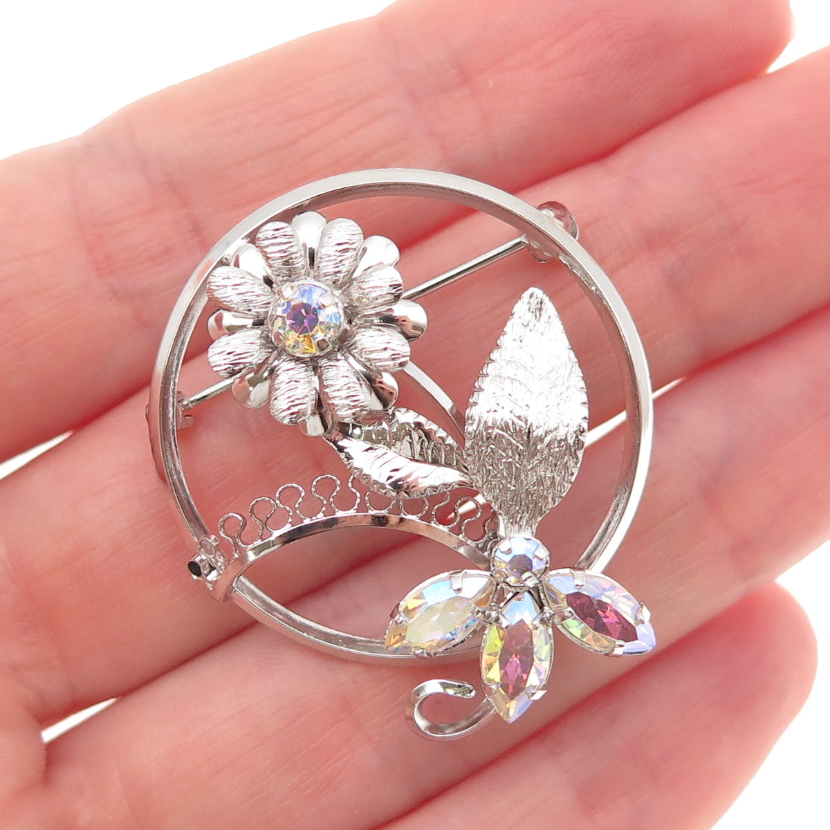 Star Art 925 Sterling Silver Vintage Rhinestone Floral Pin Brooch