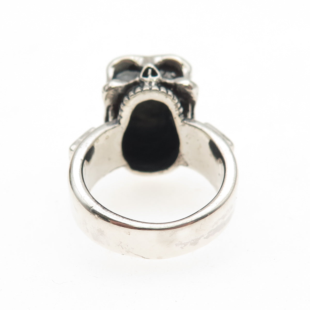 925 Sterling Silver Vintage Real Amethyst Skull Oxidized Biker Ring Size 6.75