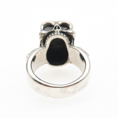 925 Sterling Silver Vintage Real Amethyst Skull Oxidized Biker Ring Size 6.75